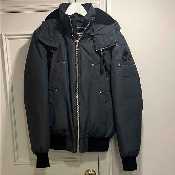 Moose Knuckles Charcoal Puffer Jacket with shearling lined hood